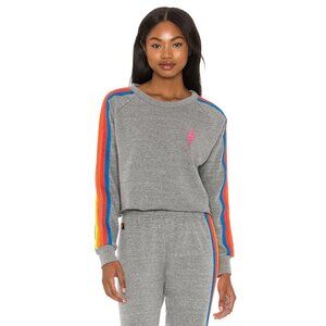 AVIATOR NATION Grey Neon Rainbow Bolt Embroidery Fleece Crop Sweatshirt, Size M